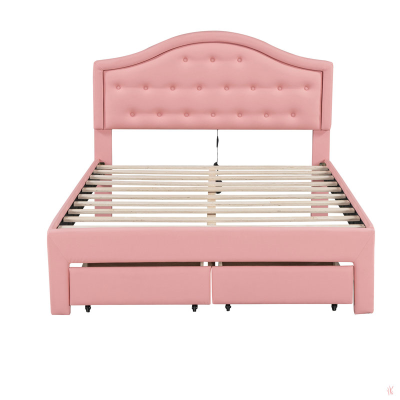 Storage Bed with Tufted Headboard,LED, Full/ Double, Pink