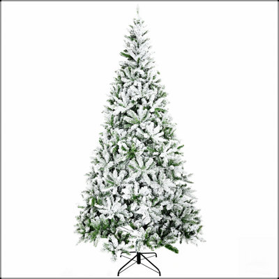 Nine Foot Tall Unlit Snow Flocked Pine Artificial Christmas Tree With Realistic Branches For Holiday Decoration