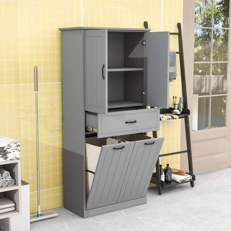 Armoire de rangement autoportante en bois avec tablette réglable, tiroir et deux paniers à linge, Grey