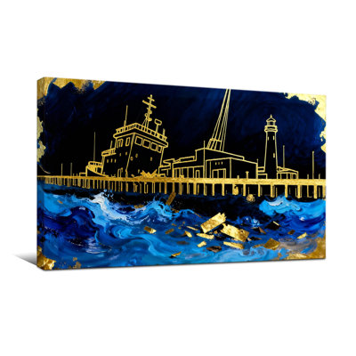 Nautique et plage, bateau, port, phare, vagues, ciel nocturne, art