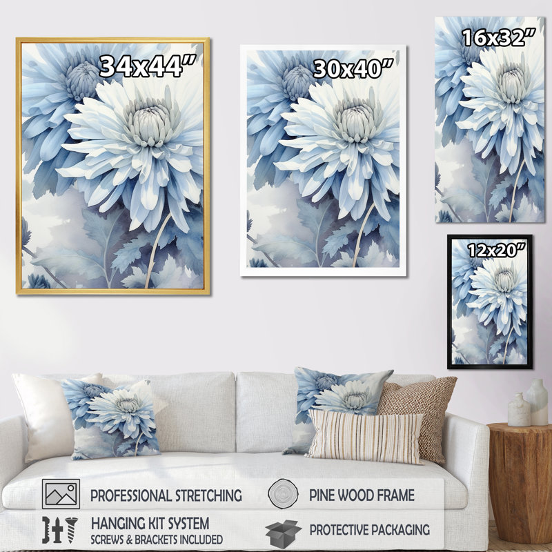 " Sapphire Mums On Dark Gray And Light Aquamarine I ", Black Floater Framed, 32" H x 24" W x 1" D