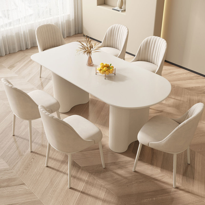Cream Oval Dining Table Set with 6 Plush Accent Chairs