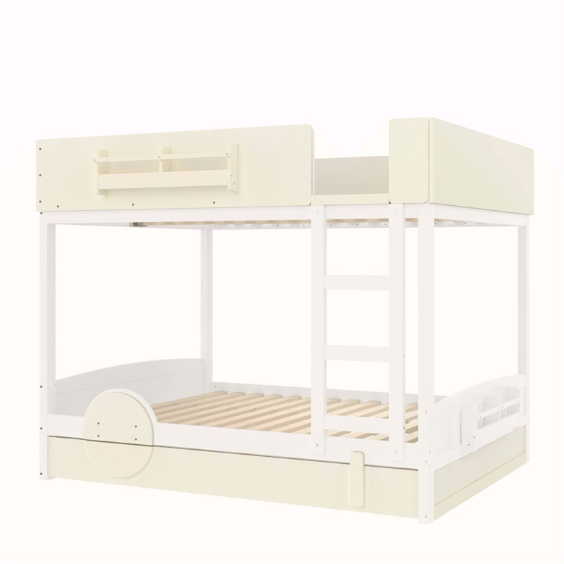 Grand lit superposé avec lit gigogne, cadre de lit superposé en bois avec bibliothèque intégrée et garde-corps de sécurité de haute qualité, forme d'automobile pour enfants, blanc et beige.