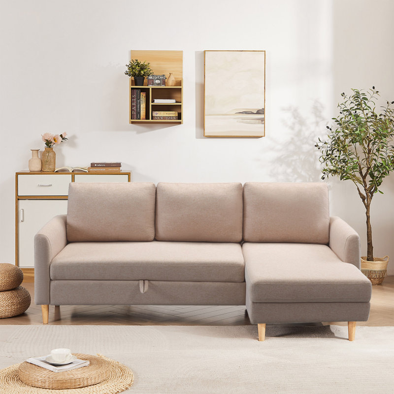 Adjustable L-Shaped Sofa Bed With Chaise, Beige Fabric
