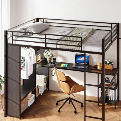Grand lit mezzanine avec bureau et garde-robe, structure en métal avec tablettes de rangement et lumières DEL pour la chambre à coucher