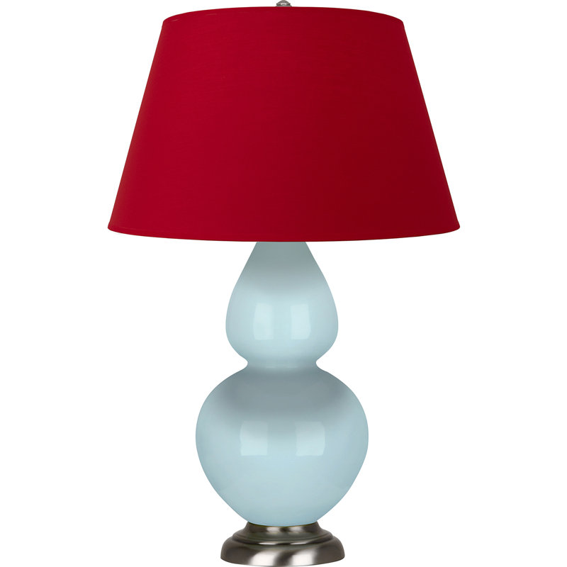Lampe de table double gourde en céramique, Bleu bébé verni / argent antique, Blanc cassé, Argent argent