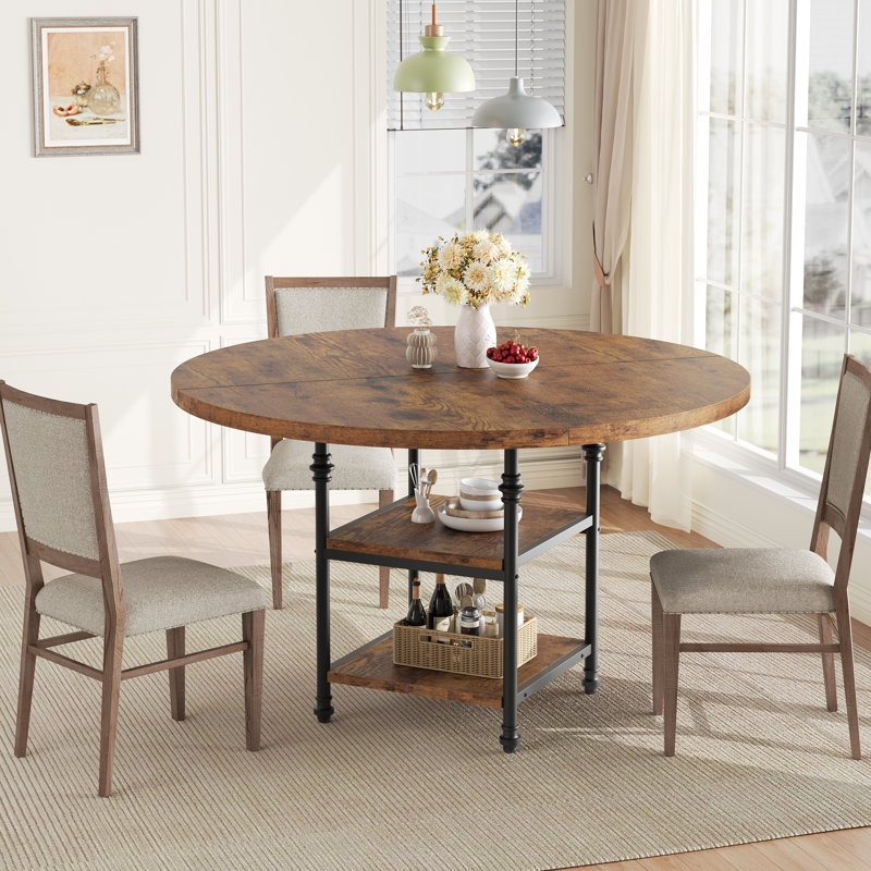 Table de salle à manger ronde de 47 pouces pour 4, table de salle à manger imperméable de 1,2 po d'épaisseur avec tablette de rangement à 2 niveaux, pieds en métal romain rétro et patins réglables, table de cuisine peu encombrante pour la salle à manger et le salon