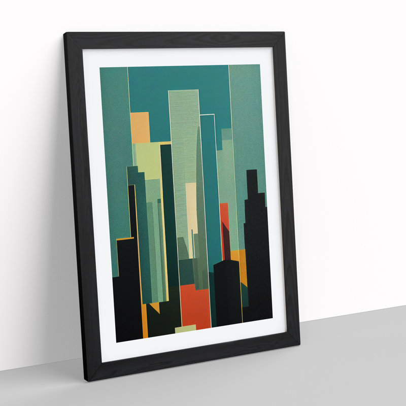 City Skyline In Deco No.2 - Single Picture Frame Print, 64cm H x 46cm W x 2cm D, Black