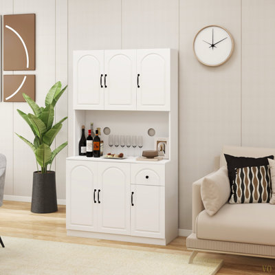 71" Kitchen Pantry Storage Cabinet With Microwave Oven Countertop, Freestanding Hutch Cabinet With Adjustable Shelves, 6 Doors And 1 Drawer