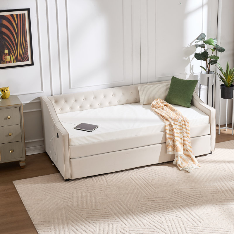 82.0" Wide Twin Upholstered Daybed With Pull-Out Trundle - Luxury Velvet Daybed With USB Charging Port & Side Pockets - Wavy Armrest Sofa Bed - Beige