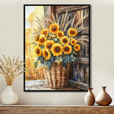 Concession de tournesol et bouquet de blé à la grange - tournesols, impression sur toile