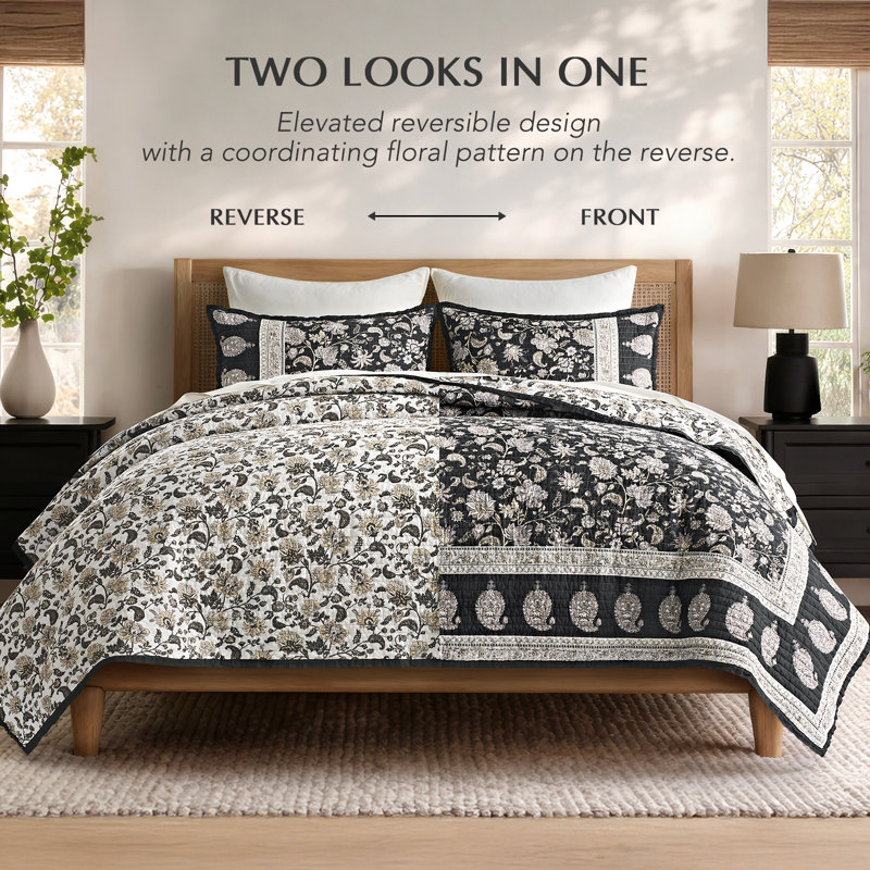 100% Cotton Patchwork Quilt Set, Queen Quilt + 2 Standard Shams, Ebony Taupe Floral