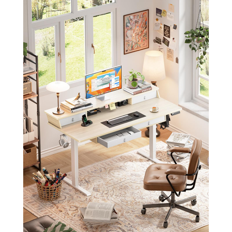 Bureau électrique debout avec 4 tiroirs de rangement, hauteur de bureau réglable, compatible avec une fixation à pince en C, avec plateau de gestion des câbles ， Convient au bureau et à la maison
