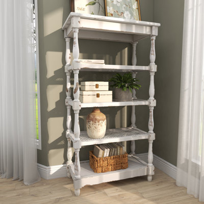 Adella White Wood Distressed Open 5 Shelf Shelving Unit with Spindle Sides and Mesh