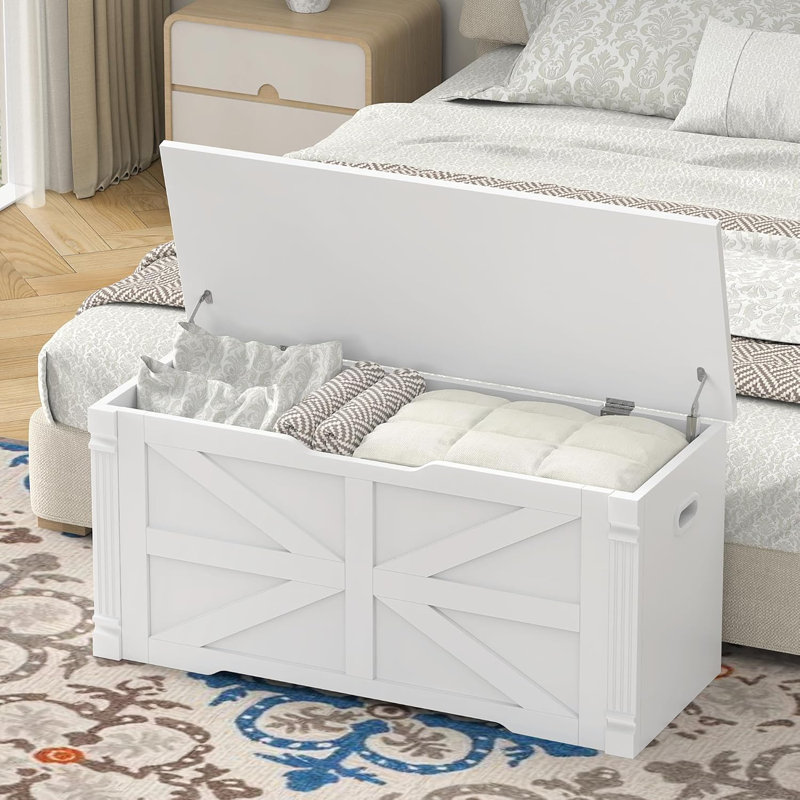 Banc de rangement 39,4 "avec 2 charnières de sécurité, colonne romaine de style campagnard, Blanc