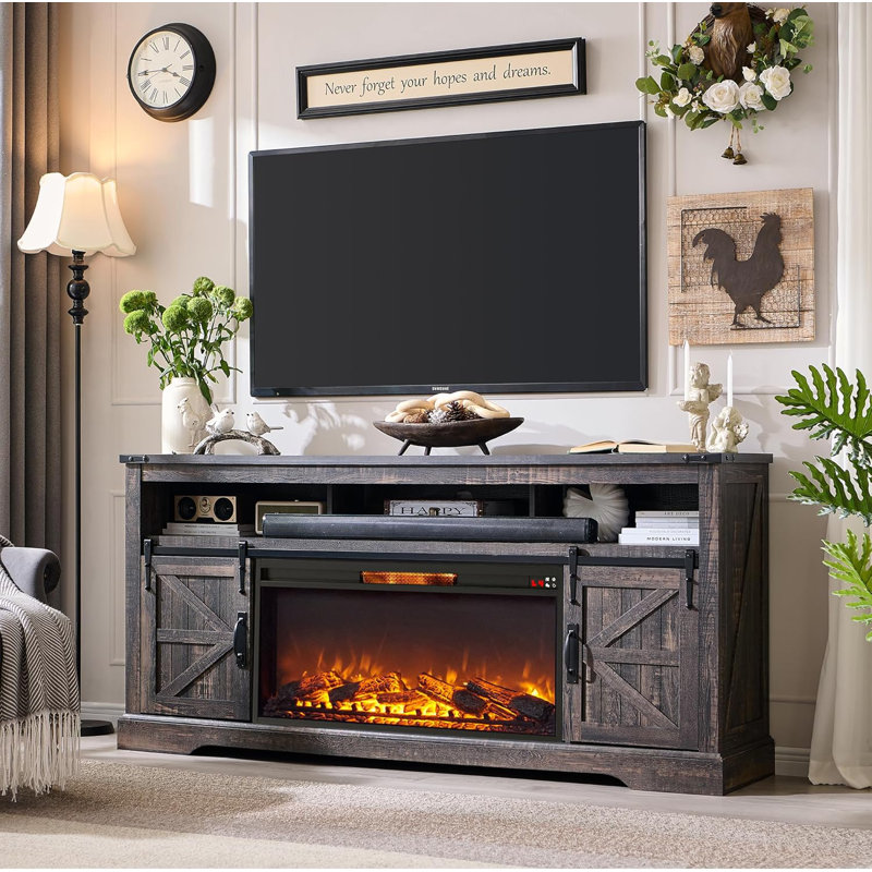 Dilakshika 70'' W Fireplace TV Stand with Sliding Barn Doors, Dark Brown Wood