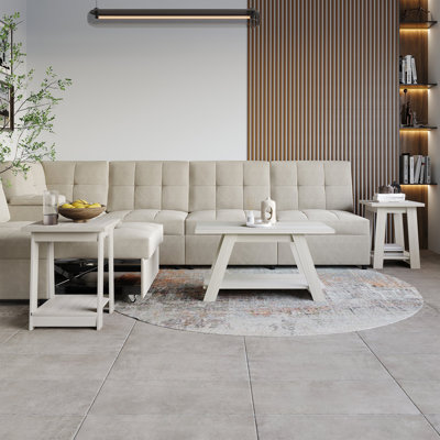 Ensemble de 3 tables basses et tables de bout avec tablettes ouvertes - gris clair