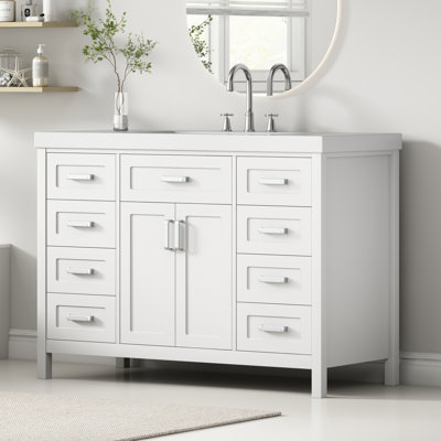 Meuble-lavabo 48 po avec lavabo en résine, portes et tiroirs à fermeture en douceur, design classique