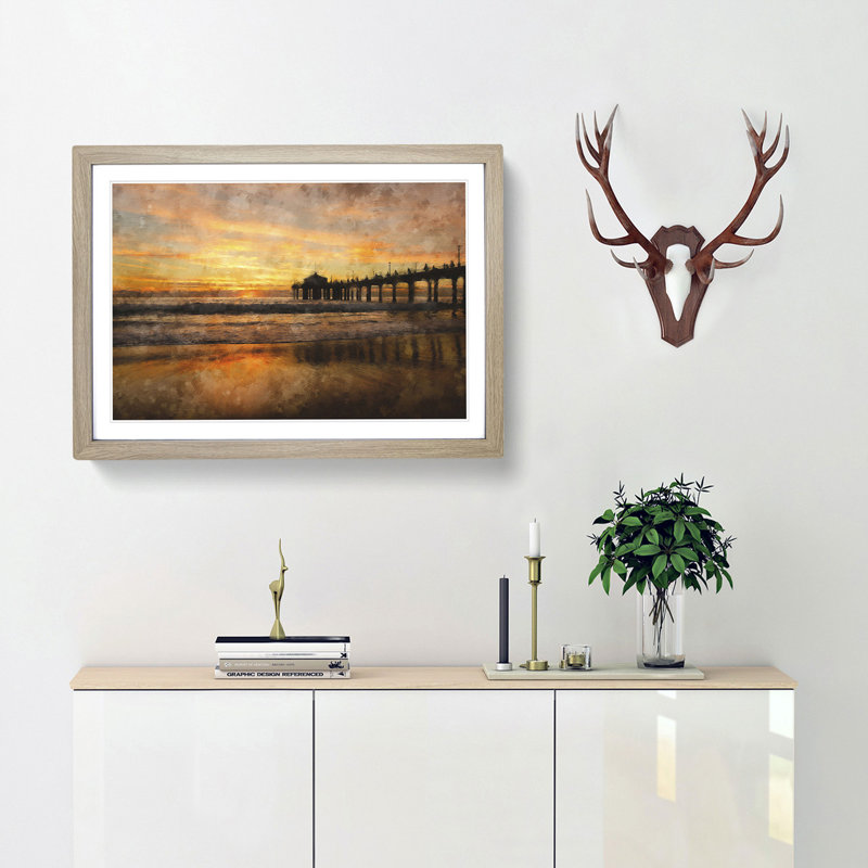 Sunset Behind the Pier - Picture Frame Painting Print, Oak Framed, 45cm H x 63cm W x 2cm D
