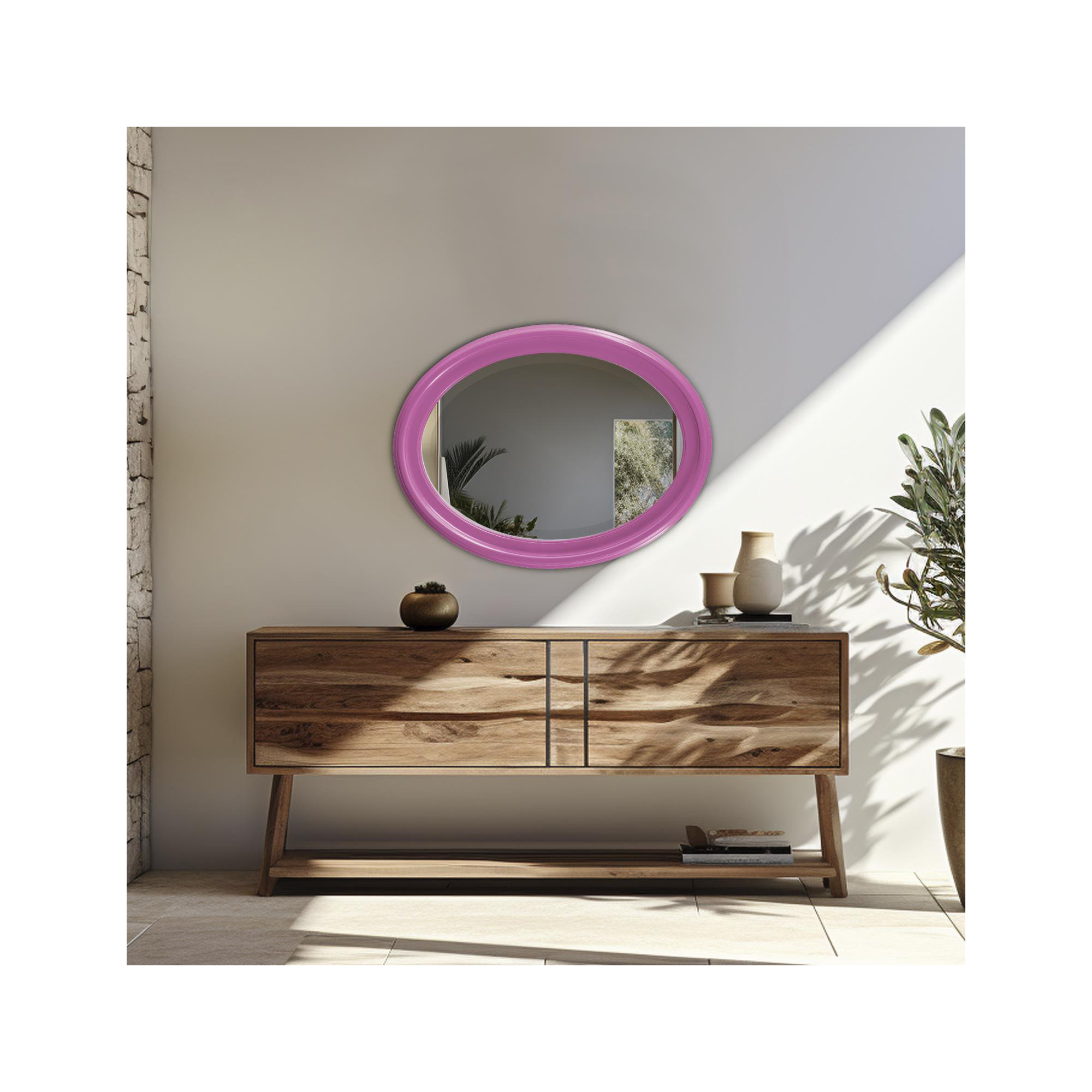 Borna Solid Wood Oval Mirror, Hot Pink