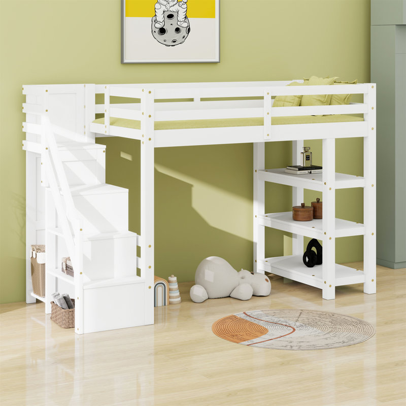 Loft Bed With Shelves, Storage Staircase, Small Wardrobe And LED Light, Twin