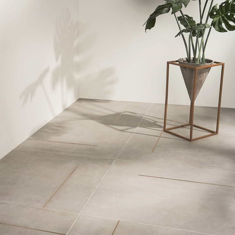 Lines 24x24 Matte Brass Inlay Porcelain Tile, Greige