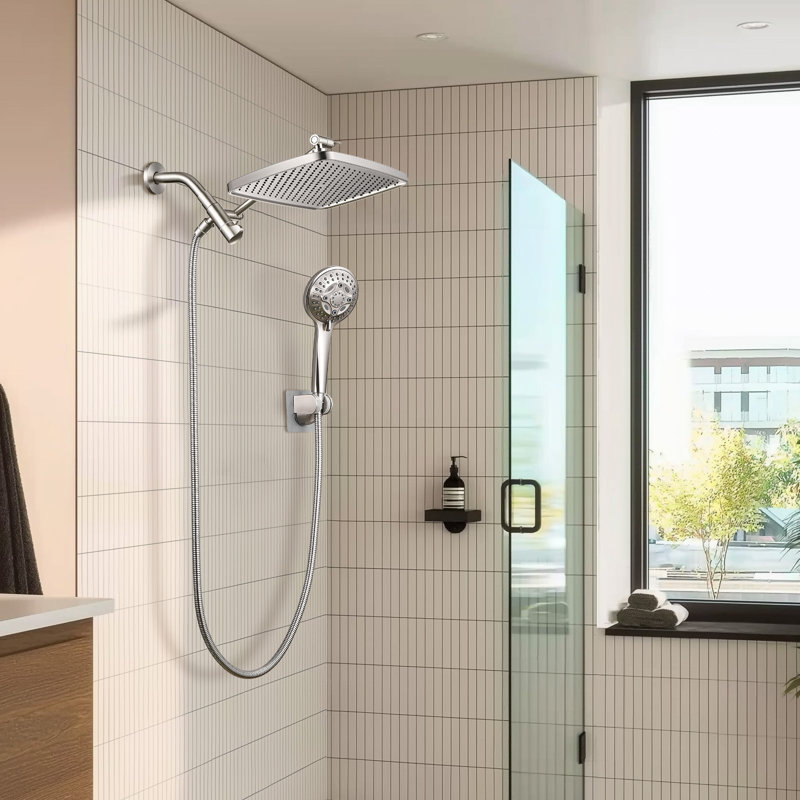 Pomme de douche à pluie double 12 pouces avec bras d'extension et douchette multifonction 8-Spary Nickel brossé
