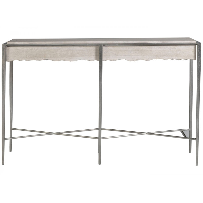 Beige and Silver Rectangular Stone and Metal Console Table