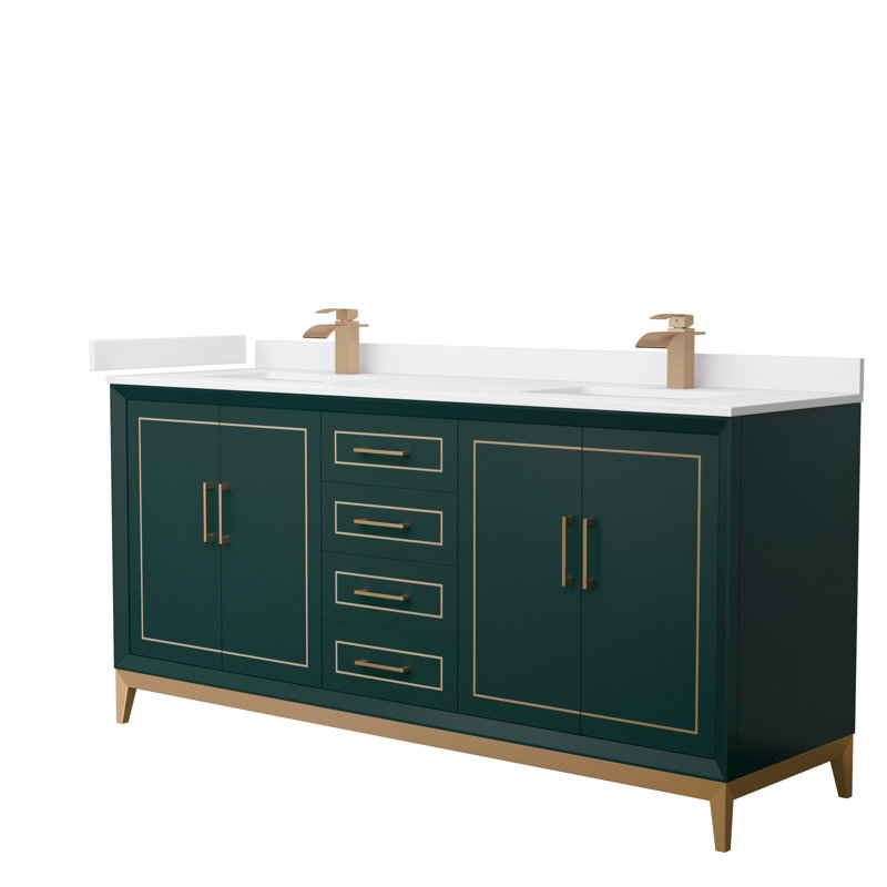 Ensemble de meuble-lavabo double 72 po Marlena, Vert, Bronze satiné, Marbre de culture blanc