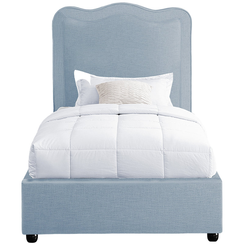 Upholstered Scalloped Bed, Light Blue Performance Linen, Twin