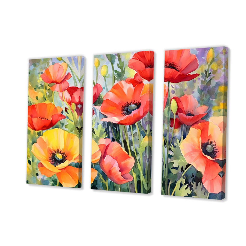 Vibrant Poppies I sur toile, reproduction de 3 pièces, H 40 po x l 60 po x P 1 po