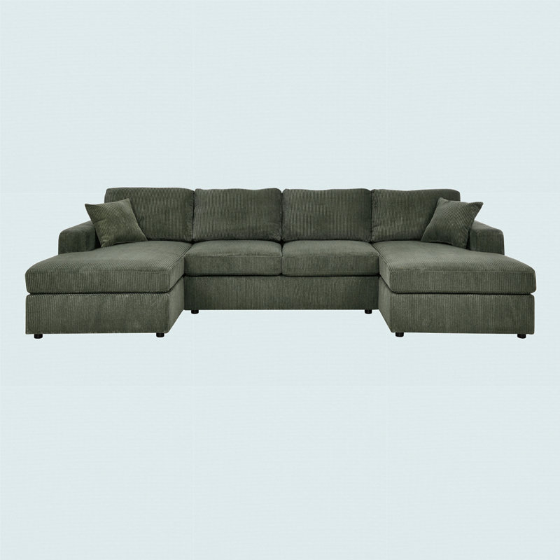 3 - Piece Double-Chaise Sectional, Green Corduroy