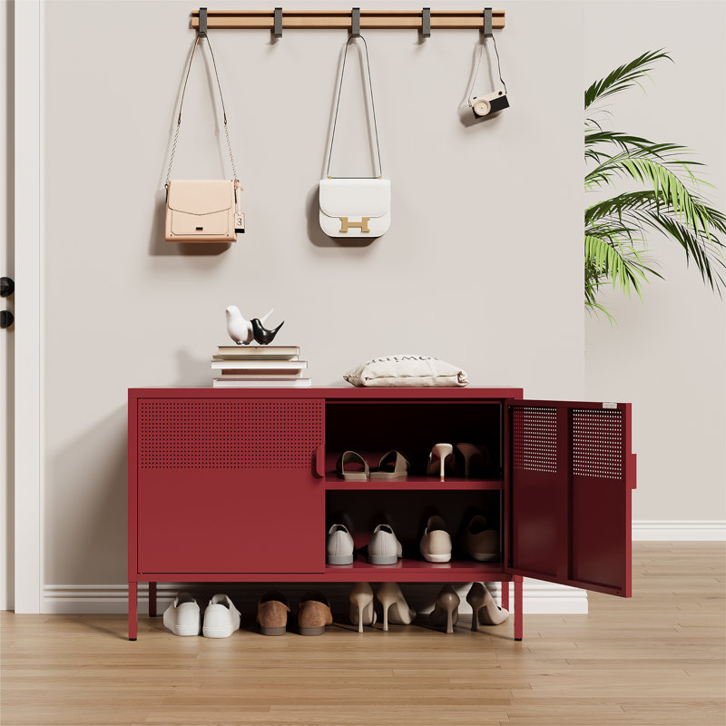  25 Inch Metal Side Cabinet, Double Door TV Stand, Storage Cabinet with Adjustable Shelves, Red
