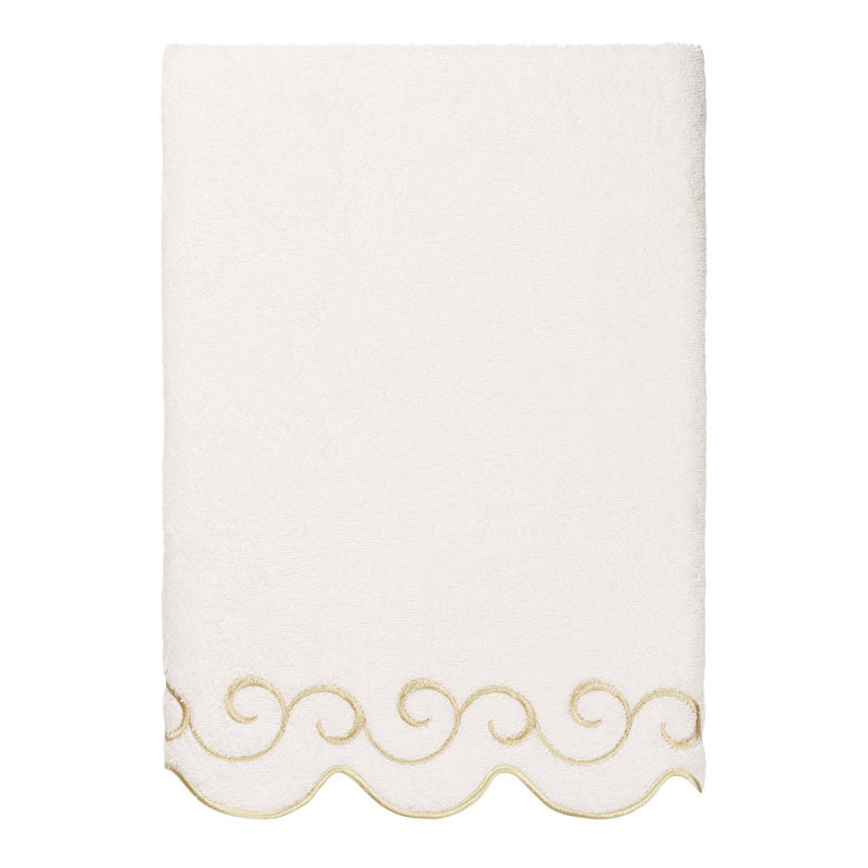  100% Turkish Cotton SIMPLICITY Scallop 3PC Embellished Towel Set, 3 Piece Towel Set, White/Beige