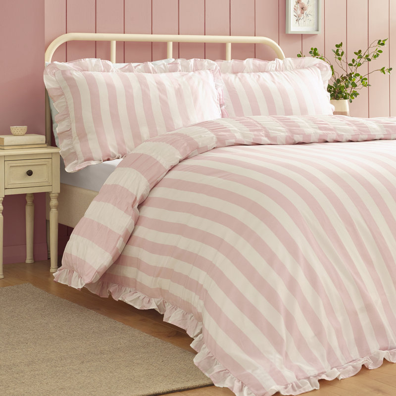 Seersucker Frill Stripe Duvet Cover Set, Double, Pink