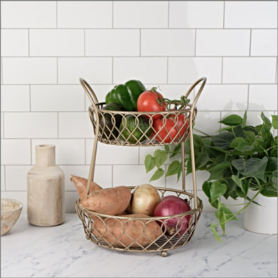 Gourmet Basics by Mikasa Loop and Lattice Metal 2-Tier Round Fruit Storage Basket, Matte Gold