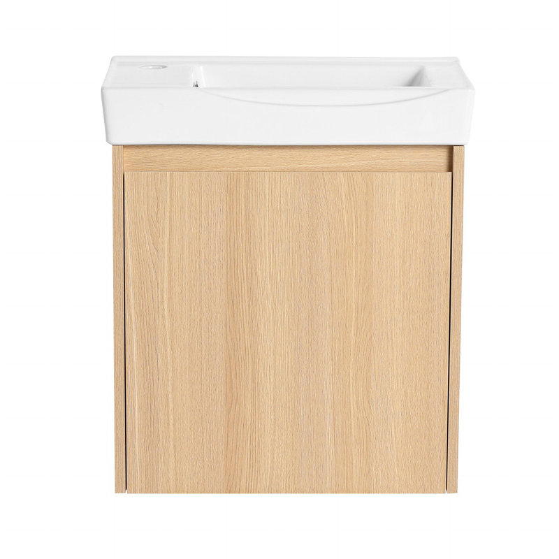 Meuble-lavabo flottant encastré en céramique avec portes de rangement, conception murale pour salle de bain compacte