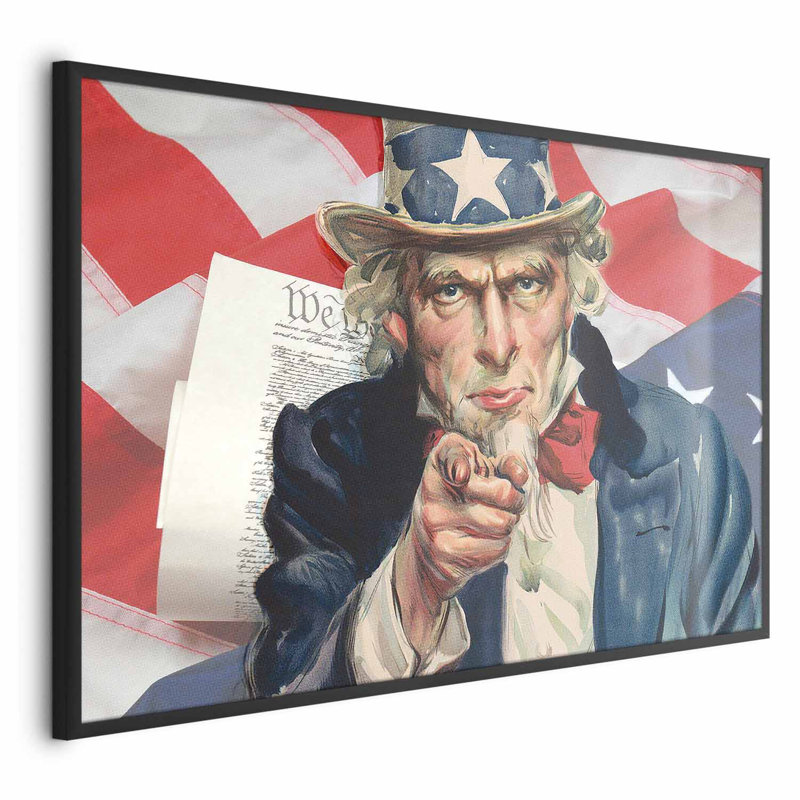 Framed Poster - Uncle Sam and flag, 11.69" H x 16.54" W, Black Single Picture Framed