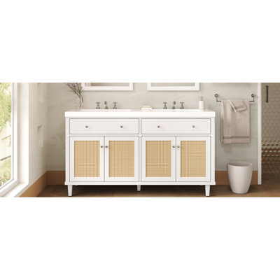 Meuble-lavabo double 60 po avec lavabo, charnières à fermeture en douceur, matériau argenté de 60 po, fonctionnement en douceur, pieds en pin