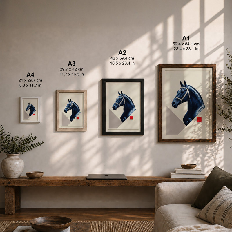 Horse in Navy Modern - Framed Print, Black, A4 - 29.7 x 21.0 cm