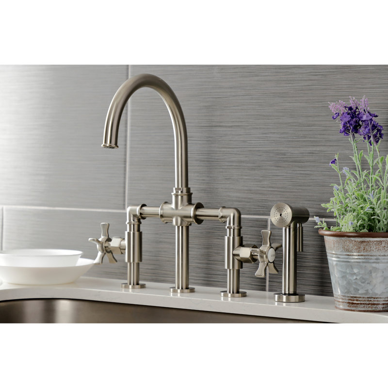 Kingston Brass Hamilton Two-Handle 4-Hole Deck Mount Industrial Style Bridge Kitchen Faucet with Brass Side Sprayer