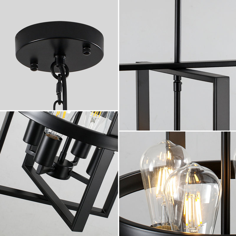 4 - Light Dimmable Geometric Lantern Modern Farmhouse Chandelier, Matte Black