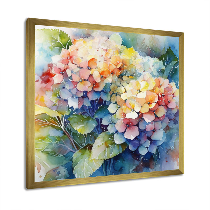 «Blue Green Hydreangea», reproduction d'art sur toile, Cadre doré simple, H 36 po x l 36 po x P 1,5 po