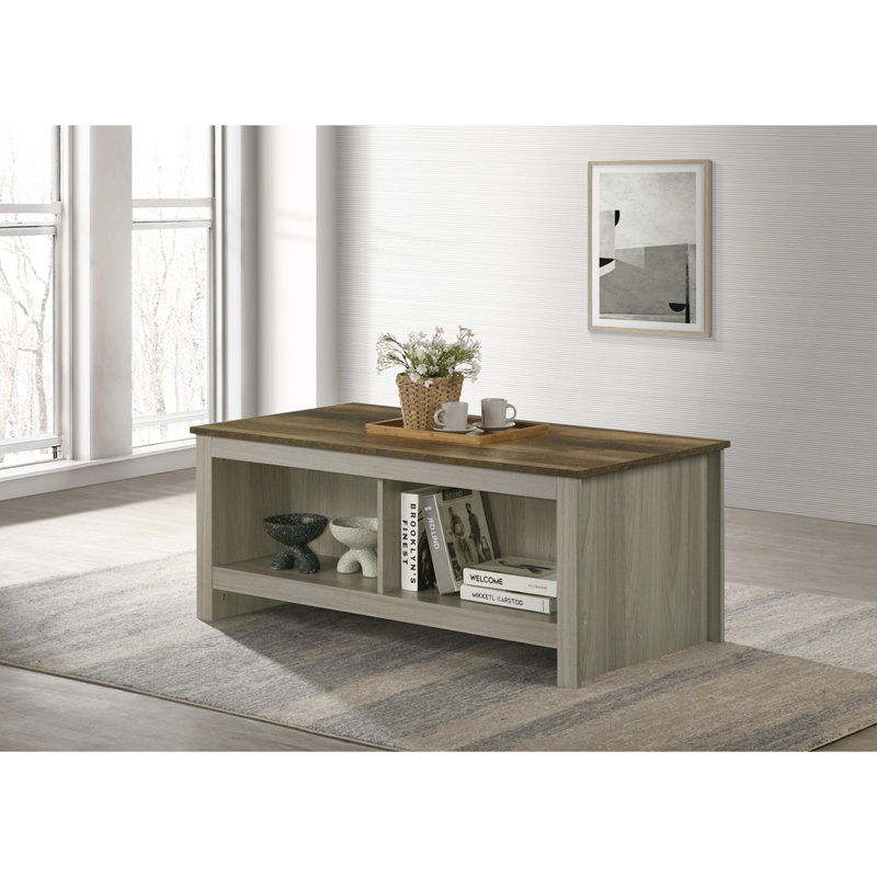 Table basse l 43 po avec tablettes ouvertes à l'avant et à l'arrière, chêne gris