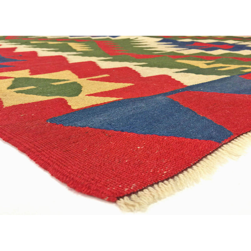 Tapis unique en laine noué à la main de style années 1960 de 6 pi 1 po x 7 pi 10 po vert / rouge / bleu