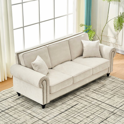 Modern 3-Seater Sofa With Rolled Arms, Upholstered Couch With Wood Legs And Nailhead Trim For Living Room, Apartment
