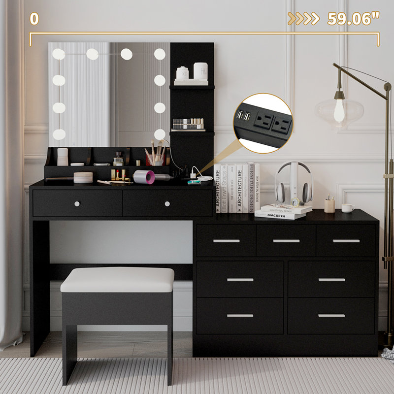 Coiffeuse de maquillage avec lumières, station de charge et miroir, Chrome, Noir, noir, noir, noir