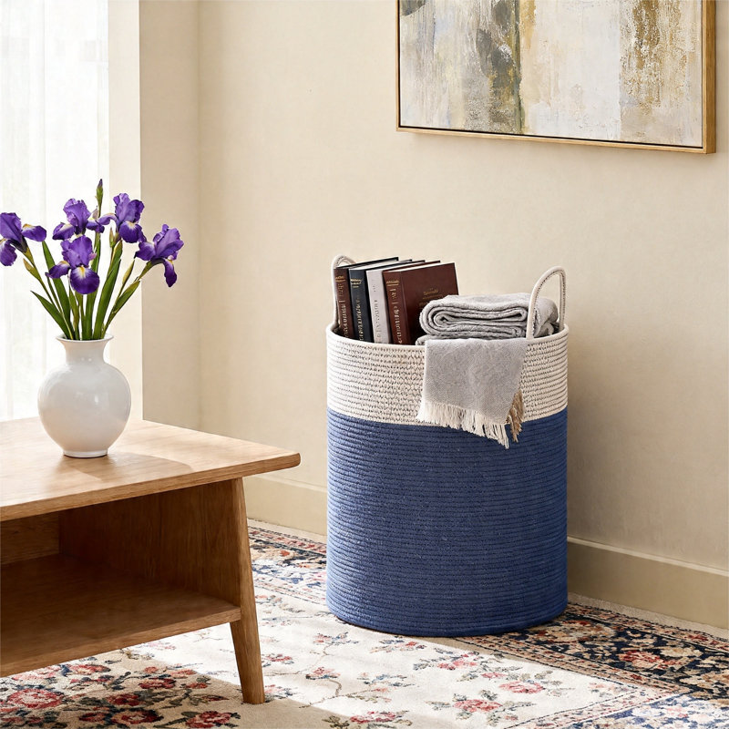 Large Cotton Rope Laundry Hamper(Navy Blue), Navy Blue
