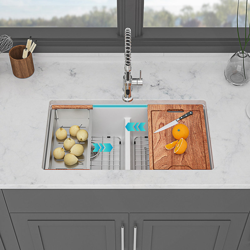 Évier de cuisine à double cuve en quartz avec conception de réduction du bruit et caractéristiques de poste de travail intelligent