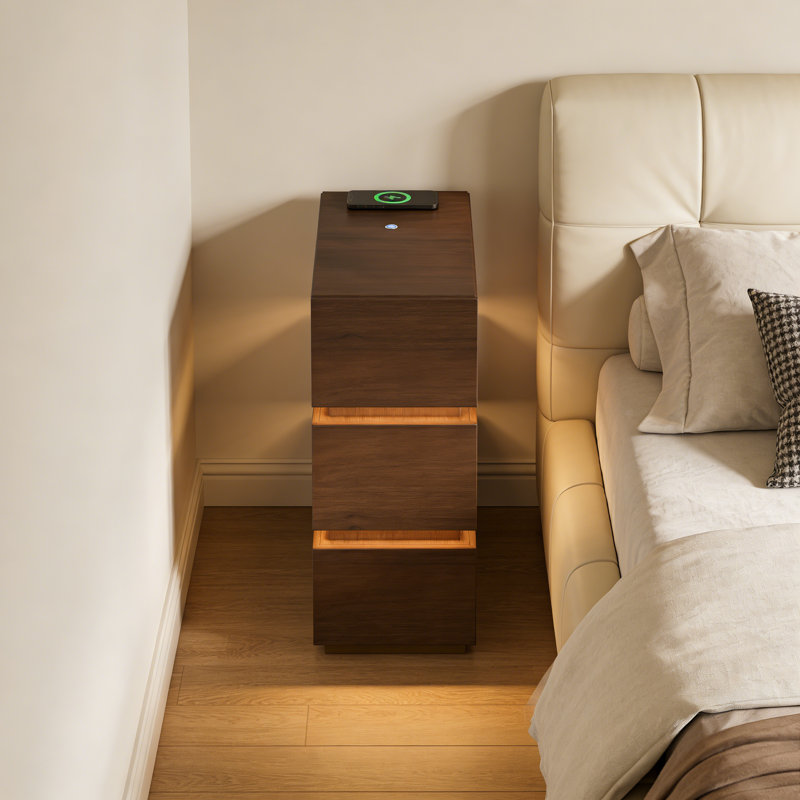 Table de chevet intelligente à 3 tiroirs avec lumière DEL, Noyer brun